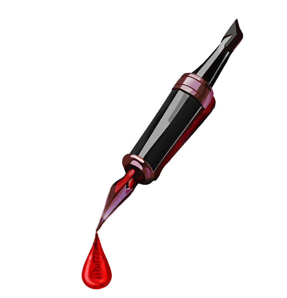 A droplet of red in holding a DNA segment at the tip of an ink pen. Abstract. ©Alina Oswald.